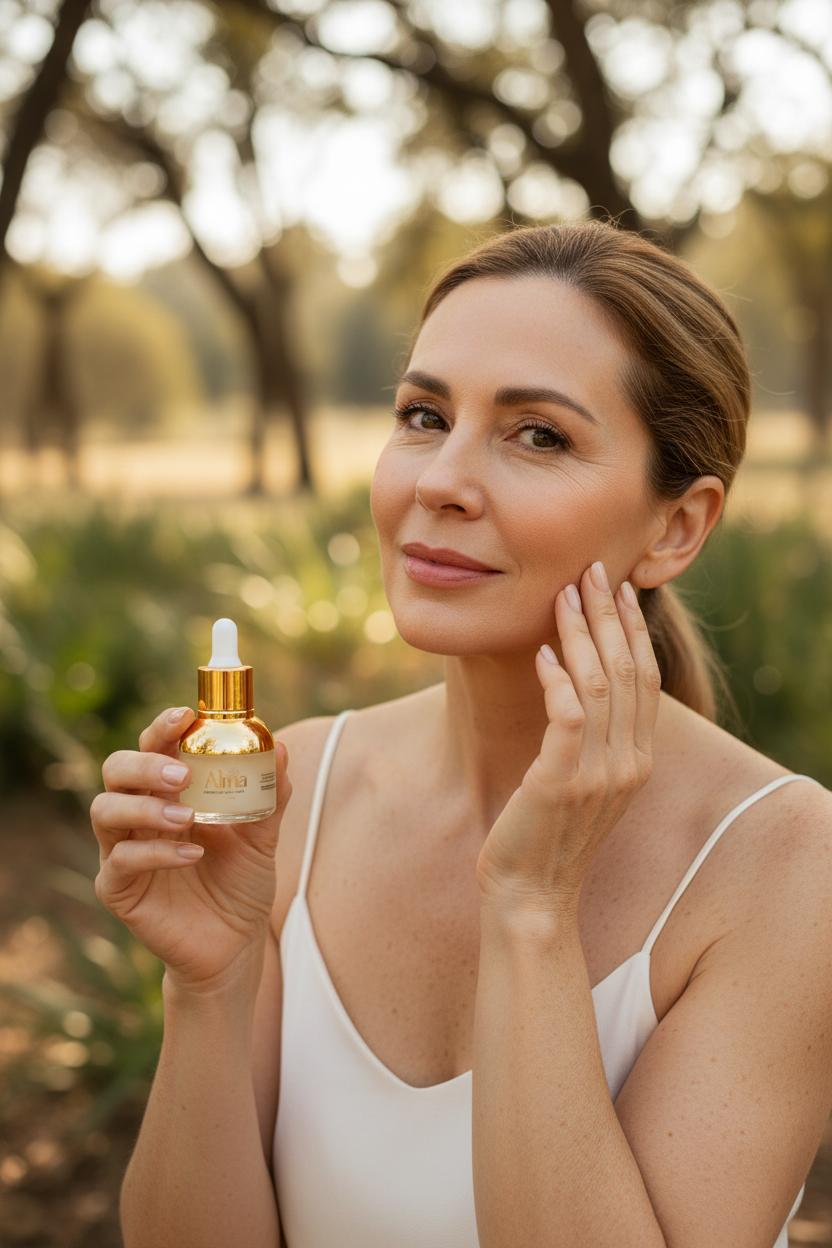Mujer de 50-60 años con sérum antiedad Alma