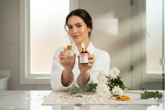 Modelo mostrando Kit Vitamina C + Ácido Hialurónico | Alma